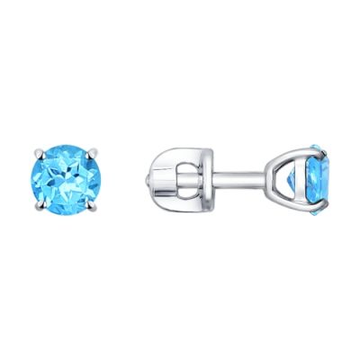 Пусеты с круглым sky blue топазом