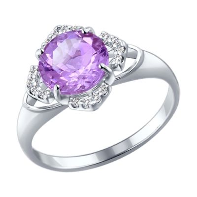 Кольцо из серебра с круглым аметистом и фианитами