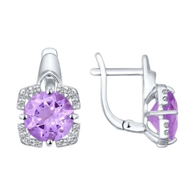Серьги из серебра с круглым аметстом и фианитами