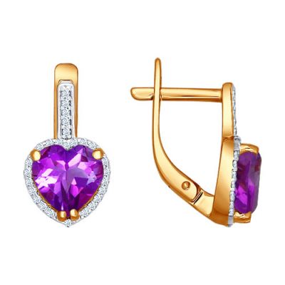 Золотые серьги с сердечком из аметиста