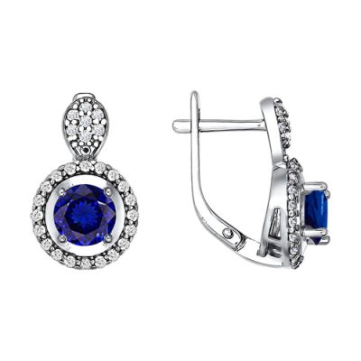 Серьги из серебра с круглым синим фианитом