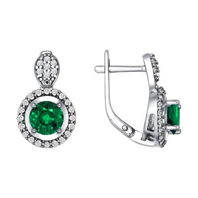 Серьги из серебра с круглым зеленым фианитом