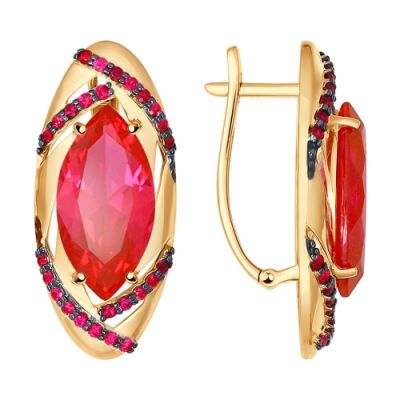 Серьги из золота с крупным корундом маркиз и фианитами