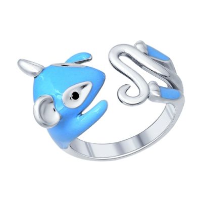 Серебряное кольцо в форме мыши с голубой эмалью