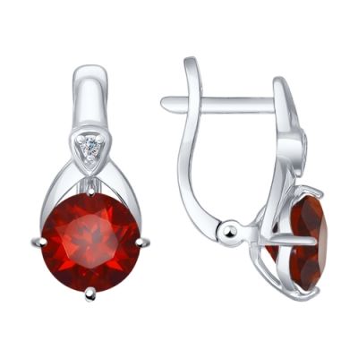 Серебряные серьги с круглыми гранатами и двумя фианитами