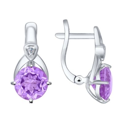 Серебряные серьги с круглыми аметистами и двумя фианитами