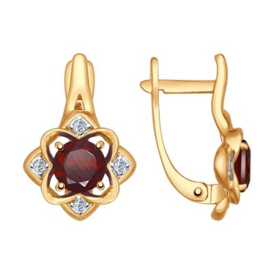 Серьги из золота «Цветок» с гранатом и фианитами