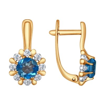 Золотые серьги с топазом london blue и фианитами в форме цветка