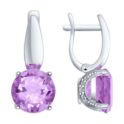 Серебряные серьги с крупным аметистом и фианитами