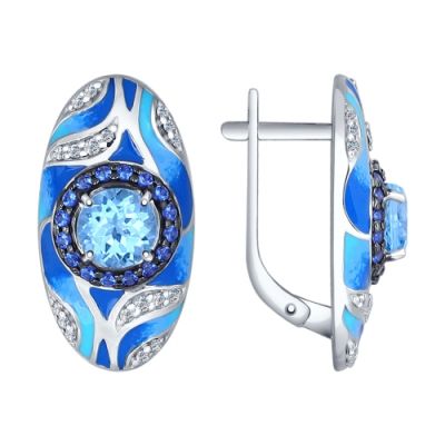Серьги из серебра с топазом, фианитами и эмалью