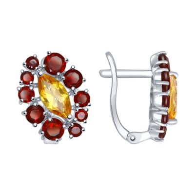 Серьги из серебра с цитрином огранки маркиз и гранатами