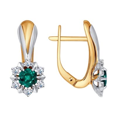 Золотые серьги с изумрудом  и топазами Swarovski