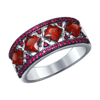 Серебряное кольцо с квадратными гранатами и фианитами