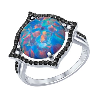 Серебряное кольцо с круглым опалом и чёрными фианитами