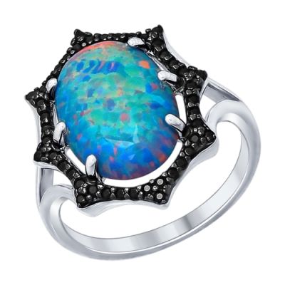 Серебряное кольцо с овальным опалом окружённым чёрными фианитами