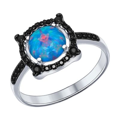 Серебряное кольцо с чёрными фианитами и круглым опалом