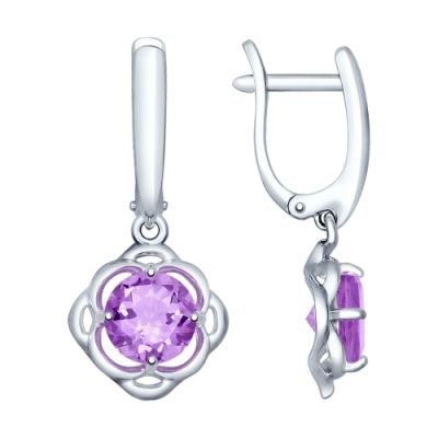 Серьги из серебра с подвеской и круглым аметистом