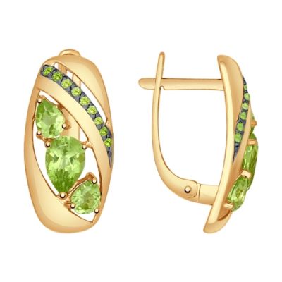 Серьги с хризолитами и фианитами из красного золота