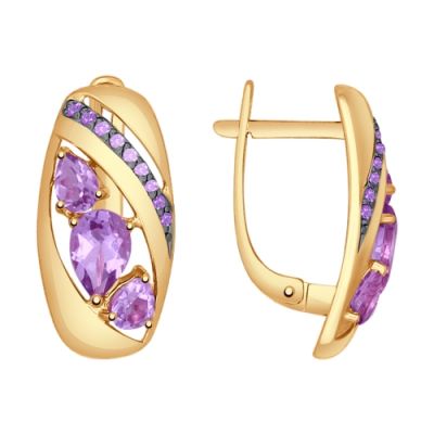 Серьги с аметистами и фианитами из красного золота