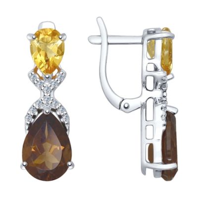 Серьги из серебра с раухтопазом, цитрином и фианитами