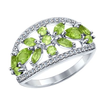 Серебряное кольцо с хризолитами разной формы и фианитами