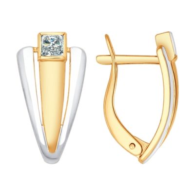 Серебряные серьги геометрической формы с золочением и фианитом