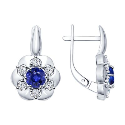 Серебряные серьги «Цветок» с фианитами и сапфировыми корундами