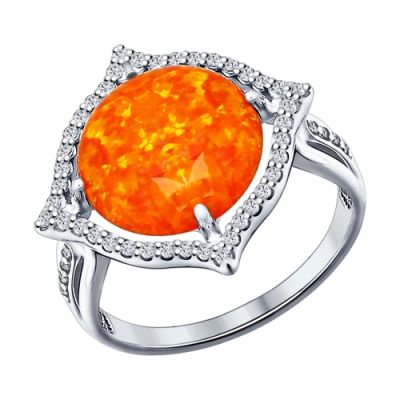 Серебряное кольцо с круглым жёлтым опалом окружённым фианитами