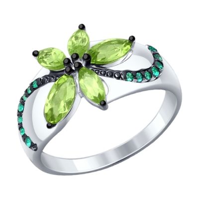 Серебряное кольцо «Цветок» с хризолитами и фианитами