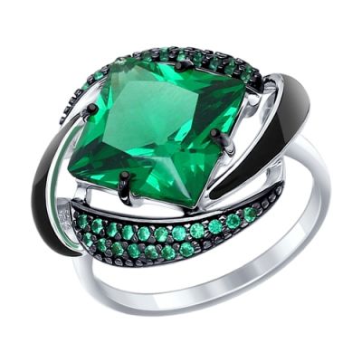 Серебряное кольцо с зеленым наноситаллом, эмалью и фианитами