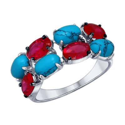 Серебряное кольцо с овальными бирюзой и фианитами
