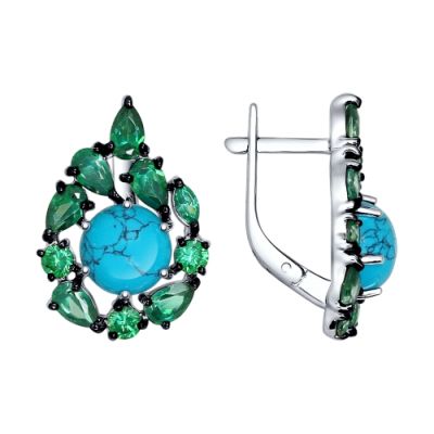 Серьги из серебра с бирюзой и зелеными фианитами