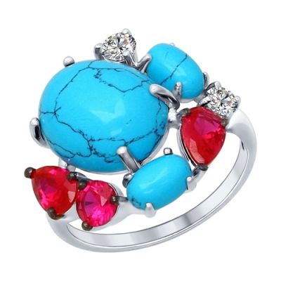 Серебряное кольцо с овальной бирюзой и фианитами