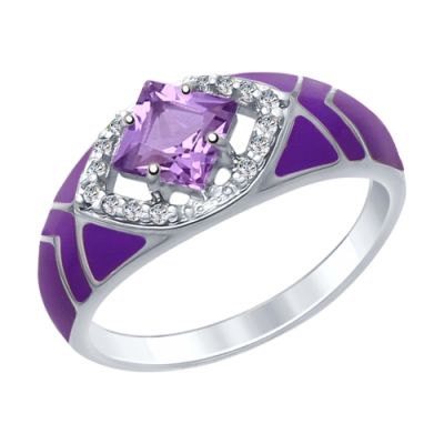 Серебряное кольцо с эмалью, аметистом и фианитами