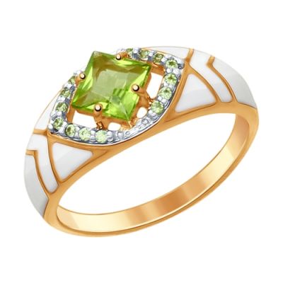 Серебряное золоченое кольцо с эмалью, хризолитом и фианитами