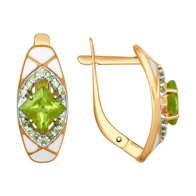 Серебряные золоченые серьги с эмалью, хризолитом и фианитами