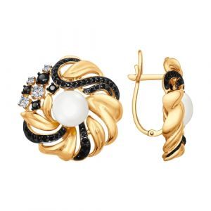 Красивые серьги из золота с жемчугом и черными фианитами