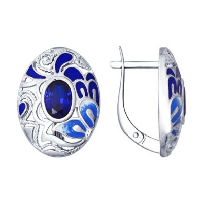 Серьги из серебра с эмалью и синим фианитом