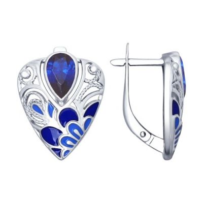 Серьги из серебра с эмалью и синими фианитами